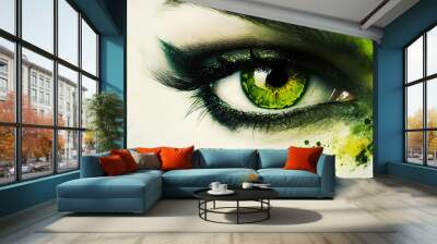 Close-up of a green eye with dramatic makeup and paint splatters. Dramatic. Illustration Wall mural