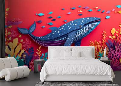 Colorful paper cutout whale illustration against a vibrant red background with underwater plants and coral for a creative and artistic design. Paper Cutout Art. Illustration Wall mural