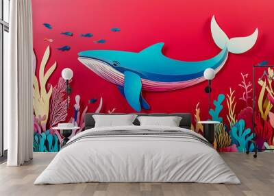 Colorful paper cutout whale illustration against a vibrant red background with underwater plants and coral for a creative and artistic design. Paper Cutout Art. Illustration Wall mural