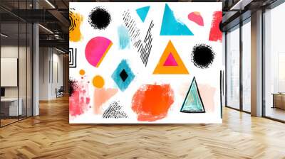 Colorful trendy abstract geometric shape set with modern doodles and bright paint texture. collage drawing style shapes collection on isolated background. Collage. Illustration Wall mural