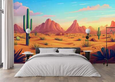 Colourful cartoon style painting of the desert landscape. Desert. Illustration Wall mural