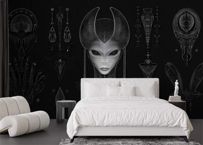 Complex line of alien hieroglyphs symbols isolated on black background, digital illustration art work. Alien. Illustration Wall mural