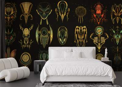 Complex line of alien hieroglyphs symbols isolated on black background, digital illustration art work. Alien. Illustration Wall mural