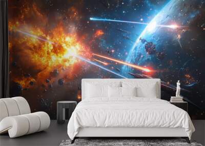 Cosmic combat: laser showdown amidst the stars. concept star wars, space battles, sci-fi lightsabers, intergalactic conflict, space combat. Galactic War. Illustration Wall mural