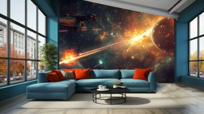 Cosmic combat: laser showdown amidst the stars. concept star wars, space battles, sci-fi lightsabers, intergalactic conflict, space combat. Galactic War. Illustration Wall mural