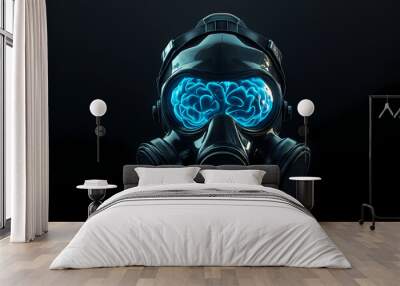 Cyberpunk futuristic gas mask with glowing blue brain on a black background. Symmetrical. Illustration Wall mural