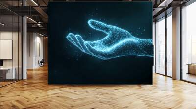 Digital hand hologram on dark background with copy space. neural network connection. communication with artificial intelligence. Hologram. Illustration Wall mural