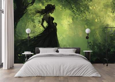 Digital painting of a beautiful victorian steam punk wood nymph or dryad in a magical green forest ,illustration . made with the help of ai. Nymph. Illustration Wall mural