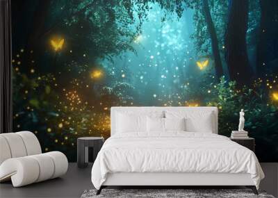 Enchanted forest glowing with fireflies and magic light, creating a mystical and serene ambiance for a fantasy landscape background. Enchanted Forest. Illustration Wall mural