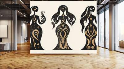 Figurines of the goddess of fertility, a set of three images. abstract symbols of love and fertility in antique style. Celtic Mythology. Illustration Wall mural