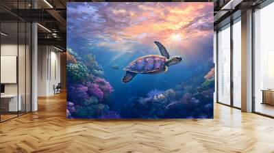 Fine art of a colorful coral reef with a turtle swimming in the morning glow of the great barrier reef. Great Barrier Reef. Illustration Wall mural