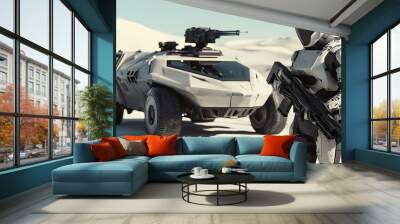 Futuristic army concept with a soldier in front of armored vehicle. Futuristic Armor. Illustration Wall mural