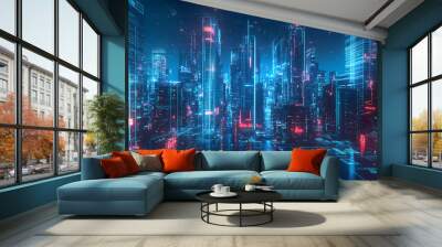 Futuristic head up display of holographic city digitally generated image virtual reality matrix particles in cyber space background environment. Holographic City. Illustration Wall mural