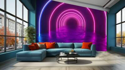 Futuristic sci-fi abstract blue and purple neon light shapes on black background with empty space for text 3d rendering illustration. Neon. Illustration Wall mural