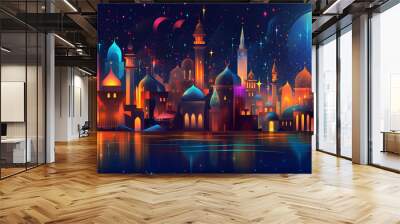 Generative ai illustration of fairy - tale arabian night city with towers and mussels. night neon oriental city. fantasy urban arabic landscape. Arabian Nights. Illustration Wall mural