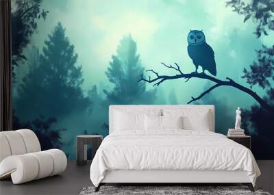 Horizontal banner of forest background, silhouettes of trees, owl on branch. magical misty landscape, fog. blue and green illustration. bookmark. Autumn Forest. Illustration Wall mural