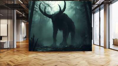 Horned giant wendigo monster creature in dark spooky forest. Wendigo. Illustration Wall mural