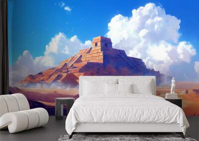 In the vast desert, the distant blue mountains complement each other, and the white clouds flow leisurely, showing the tranquility of nature. Mayan Temple. Illustration Wall mural