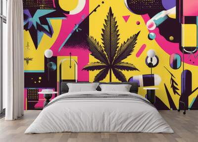 Infographic illustrating the various forms of medical cannabis, pop art style, bold colors, and graphic shapes. Pop Art. Illustration Wall mural