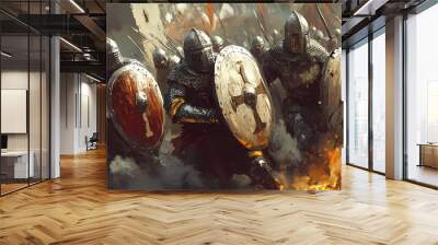 Intense medieval battle with foot soldiers with shield and plate armor. Medieval Battle. Illustration Wall mural