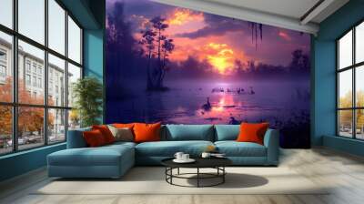 Landscape of fabulous mystical swamp with fog at sunset. Mystical. Illustration Wall mural