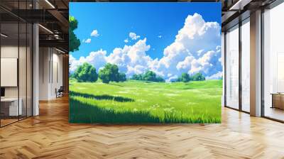 Low poly artwork of rolling green meadow under a bright blue sky with fluffy clouds in summer, creating a serene and vibrant landscape. Rolling Meadows. Illustration Wall mural