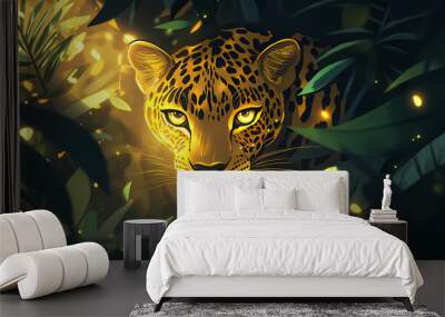 Lush rainforest scene mystical leopard emerging from vibrant foliage eyes glowing in dappled sunlight rich greens and golden hues creating captivating phone wallpaper. Mystical. Illustration Wall mural