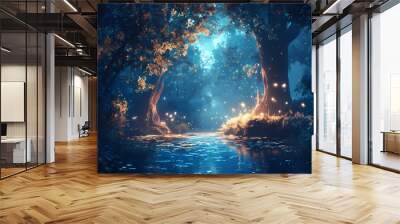 Magical fantasy fairy tale scenery, night in a forest. Enchanted Forest. Illustration Wall mural