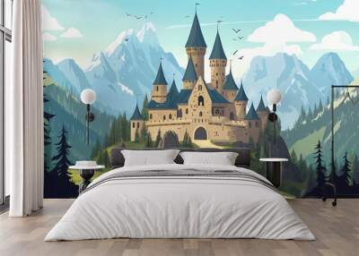 Medieval castle with forest and mountains environment. Castle. Illustration Wall mural