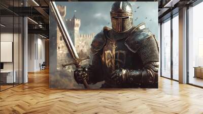 Medieval knight in the armor with the sword on the castle background. Knight. Illustration Wall mural