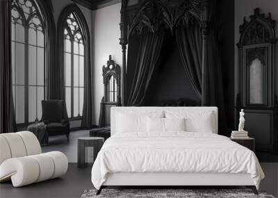 Minimalistic gothic revival living room with dramatic canopy bed aesthetics. Gothic Revival. Illustration Wall mural