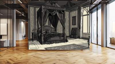 Minimalistic gothic revival living room with dramatic canopy bed aesthetics. Gothic Revival. Illustration Wall mural