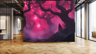 Mysterious sorcerer commanding red mists, arcane symbols glowing, in an ominous forest of gnarled, twisting trees. Sorcerer. Illustration Wall mural