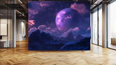 Mystical alien planet landscape with glowing moon and starry night sky. Alien Skies. Illustration Wall mural