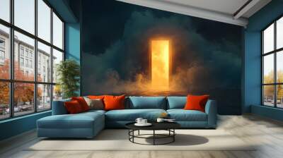 Mystical gateway between heaven and hell, light shining from an open door set in a night field, surrounded by smoke and shrouded in mist. Mythical Portal. Illustration Wall mural