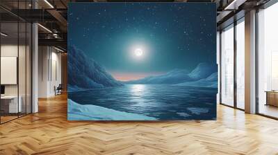 Mystical landscape of a frozen fjord at sunset with a starry sky and a bright shining moon. Frozen Fjord. Illustration Wall mural