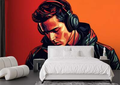 One man guy jacket background portrait fashion dj american music headphones. Portrait. Illustration Wall mural