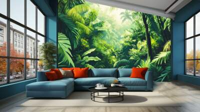 Panorama of dense jungle, wild forest with palm trees and tropical plants. landscape of green wilderness, thick, theme of adventure, nature and rainforest. Amazon Rainforest. Illustration Wall mural