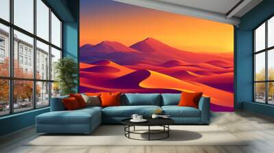 Panoramic view of a dramatic desert landscape with rolling sand dunes and a vibrant sunset. Rolling Dunes. Illustration Wall mural