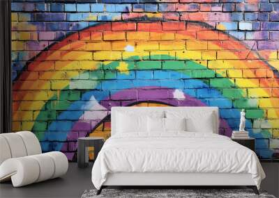 Pop art comic street graffiti with a rainbow on a brick wall. creative poster. Graffiti Art. Illustration Wall mural