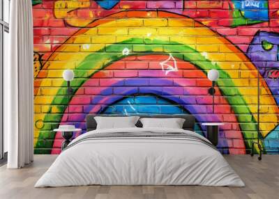 Pop art comic street graffiti with a rainbow on a brick wall. creative poster. Graffiti Art. Illustration Wall mural