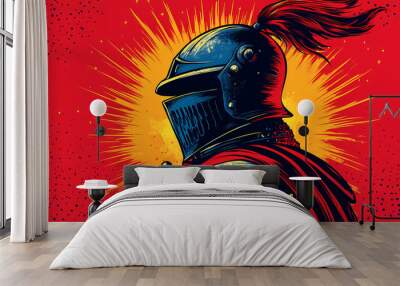 Pop art medieval knight in amor, noble warrior in helmet, side view. Medieval Joust. Illustration Wall mural