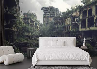 Post-apocalyptic city set with ruined buildings, overgrown vegetation, and scavenger's camp. concept of survival and rebuilding. Dystopian Future. Illustration Wall mural