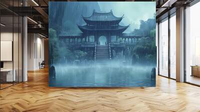 Rain shadow temple, hidden sanctuary, mystical rites, rainless boundary,. Mystical. Illustration Wall mural