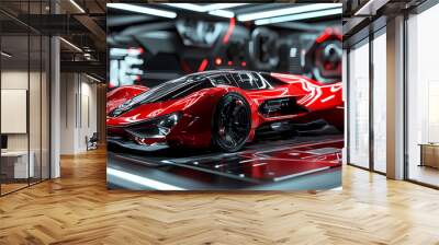 Red and black themed futuristic vehicle display, emphasizing bold design and innovation in automotive technology. Futuristic Vehicle. Illustration Wall mural