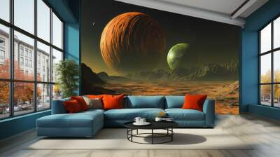 Red planet in foreground, green planet in background - artist's solar system rendition. Solar System Map. Illustration Wall mural