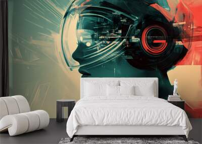 Retro-futuristic image of a woman with a glass helmet, creating a vintage yet timeless sci-fi look. generative ai. Retro Futurism. Illustration Wall mural