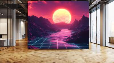 Retro wave and synthwave digital landscape, sunset, mountains. bright glowing sun above horizon. volumetric light. neon grid on ground. style. retro futurism. Retro Futurism. Illustration Wall mural