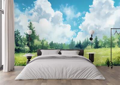 Scenic summer green grass meadow, beautiful and enchanting pine forest glade - watercolor style fluffy clouds. tranquil and peaceful nature art. Forest. Illustration Wall mural