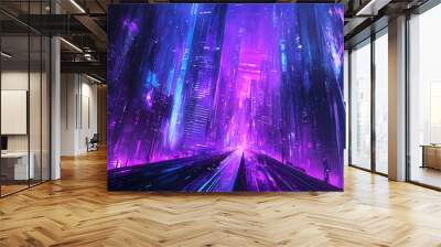 Sci-fi metropolis with purple and cyan neon lights. night scene with advanced architecture. Futuristic City. Illustration Wall mural